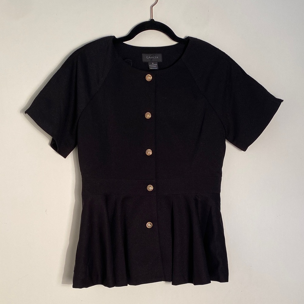 Vintage Y2K OLD MONEY Black Peplum Top with GOLD Buttons! Quiet Luxury! Small